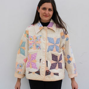 Vintage Quilt Jacket - Appliqué Flower/Star Quilt - Waist length - Size L-XXL