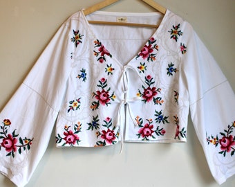 Upcycled Blouse - Hand Embroidered Florals + Lace Vintage Tie Top with bell sleeves  (made to order)