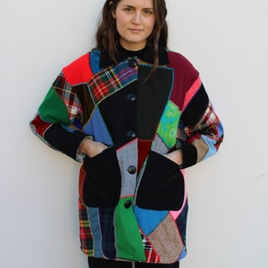 Vintage Crazy Quilt Jacket Wool & Velvet Jewel Tones Size S/M image 1