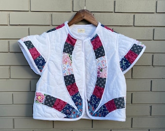 Size S Patchwork T-Shirt Vest - Pinks, Blues and Burgundy Single Wedding Ring Quilted Vest