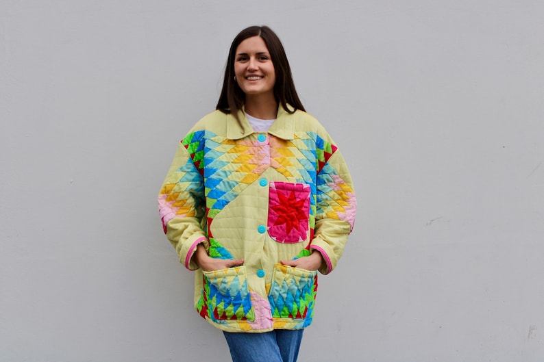 Vintage Quilt Jacket Coat of Many Colours Size 2-3XL image 1