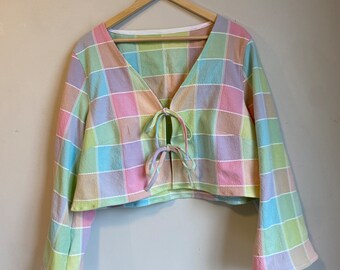 Made to Order Upcycled Blouse - Colourful Plaid Tie Top with bell sleeves