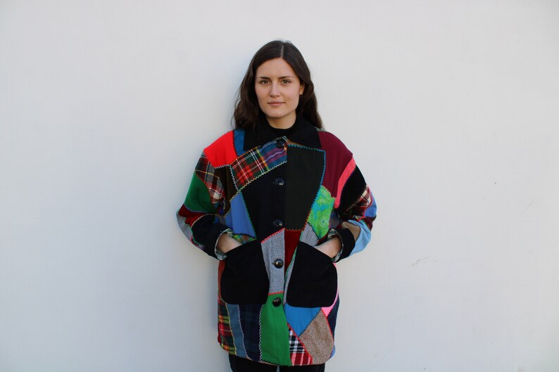 Vintage Crazy Quilt Jacket Wool & Velvet Jewel Tones Size S/M image 3