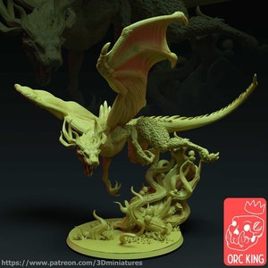 May include: A green dragon miniature with wings spread, perched on a base of swirling vines. The dragon has a long tail and a fierce expression. The miniature is made of plastic and is suitable for tabletop gaming.