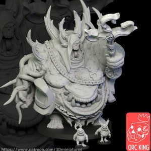 May include: A detailed, gray, 3D printed miniature of an Orc King, a monstrous creature with a large, gaping maw, horns, and a tattered cloak. The Orc King is holding a staff with a swirling, organic design. Two smaller Orc miniatures are in the foreground.