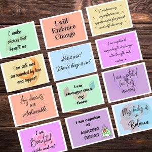 Tarjeta de afirmación imprimible, baraja de cartas, tarjetas para aliviar la ansiedad, tablero de visión digital, citas positivas imprimibles, 30 tarjetas digitales