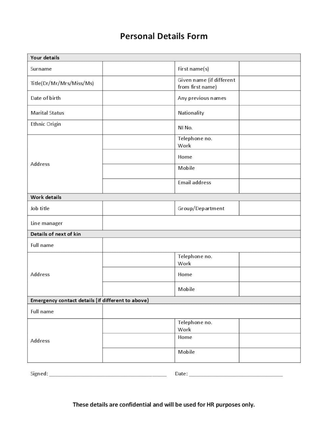 Personal Details Form Printable microsoft Word & PDF A4 - Etsy