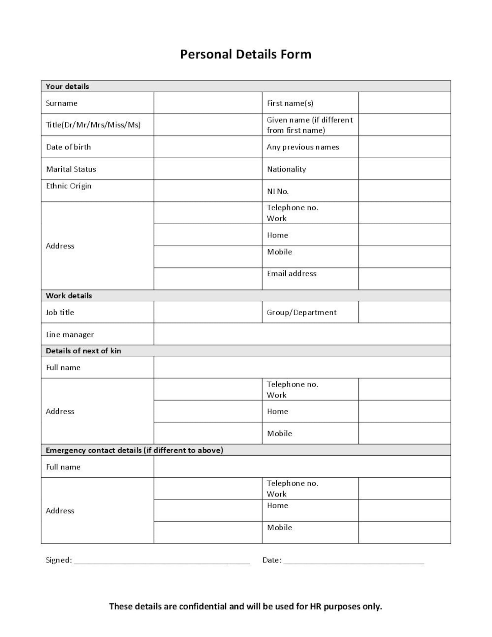 Personal Details Form Printable microsoft Word & PDF A4 Etsy New Zealand
