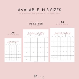 May include: A digital printable calendar for January in three sizes: US Letter (8.5" x 11"), A4 (8.26" x 11.69"), and A5 (5.83" x 8.26"). The calendar features a minimalist design with a pink "January" header and a grid layout.