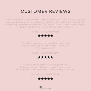 May include: A light pink background with the words "CUSTOMER REVIEWS" in black. Below are three customer reviews with five-star ratings. The reviews praise the helpfulness of Jody and the quality of the products.