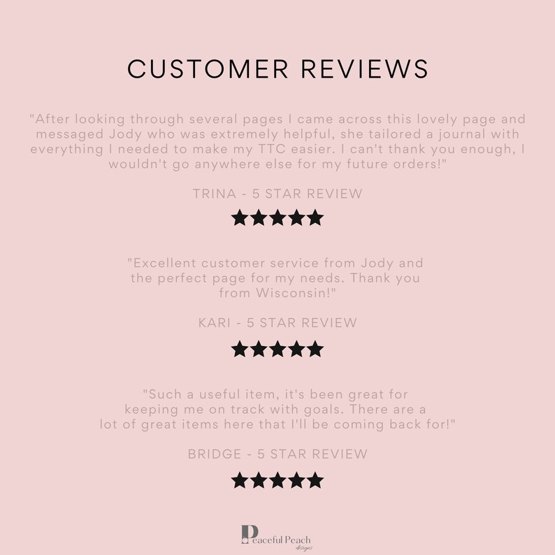 May include: A light pink background with the words "CUSTOMER REVIEWS" in black. Below are three customer reviews with five-star ratings. The reviews praise the helpfulness of Jody and the quality of the products.