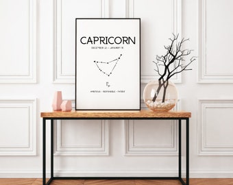 Impresión de pared de Capricornio / Signo del zodiaco / Regalo de horóscopo / Signo zodiacal / Impresión digital imprimible / Decoración del hogar / Arte de pared de astrología