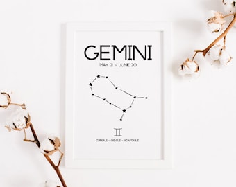 Gemini Wall Print | Zodiac Sign | Horoscope Gift | Star Sign | Printable Digital Print | Home Decor | Astrology Wall Art