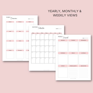 May include: Three white planner pages with pink accents. The pages include yearly, monthly, and weekly views. The yearly overview has boxes for each month. The monthly calendar has a grid layout. The weekly journal has space for each day.