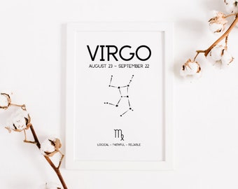 Virgo Wall Print | Zodiac Sign | Horoscope Gift | Star Sign | Printable Digital Print | Home Decor | Astrology Wall Art