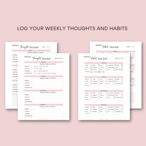 May include: White weekly thought and habit tracker printables. The trackers have pink accents and are designed to help log thoughts, feelings, and habits. The text "Log Your Weekly Thoughts and Habits" is at the top.