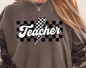 Retro Teacher PNG: Wzór szachownicy z piorunem (pobieranie cyfrowe)