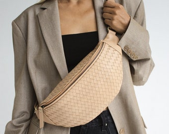 Sand Beige Woven Leather Fanny Pack – Atlas Crossbody Belt Bag, Handmade Leather Waist Bag