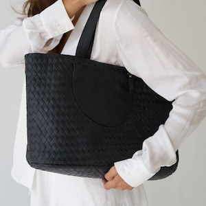 Black Genuine Leather Tote Bag, Minimal, Woven Leather, Handmade Totebag, Travel Bag, Work Bag image 1