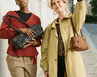 Black Woven Leather Shoulder Bag – East West Purse, Minimalist Leather Handbag