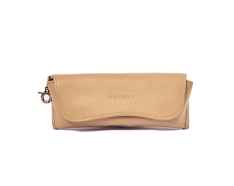 Sand Leather Sunglasses Case – Minimalist Eyeglass Case, Attachable Travel Glasses Holder