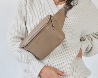 Taupe Leather Fanny Pack, Leather Crossbody Bag, Hip Bag, Bum Bag, Belt Bag, Minimalist Bag, Gifts for Her, Travel Bag, gifts for women