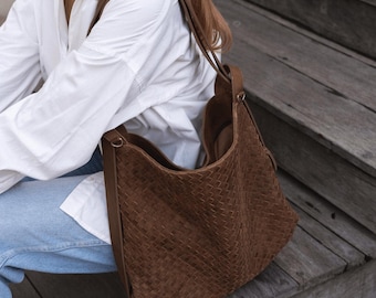 Woven Saddle Dark Brown Leather Convertible Tote Backpack –  Work Tote, Travel Backpack, Minimalist Mom Bag