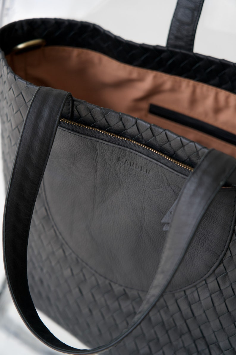 Black Genuine Leather Tote Bag, Minimal, Woven Leather, Handmade Totebag, Travel Bag, Work Bag image 5