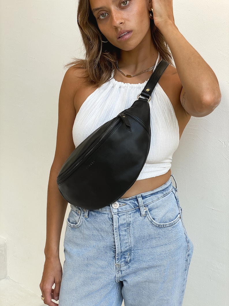 Black Genuine Leather Fanny Pack, Leather Crossbody Bag, Hip Bag, Waist Pack, Minimal Fanny Pack, Travel Bag, Crossbody Bag, waist pouch image 1