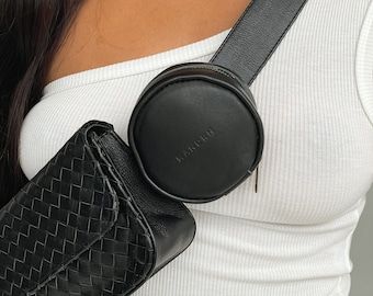 Black Leather Circle Pouch – AirPods Case, Attachable Leather Coin Pouch