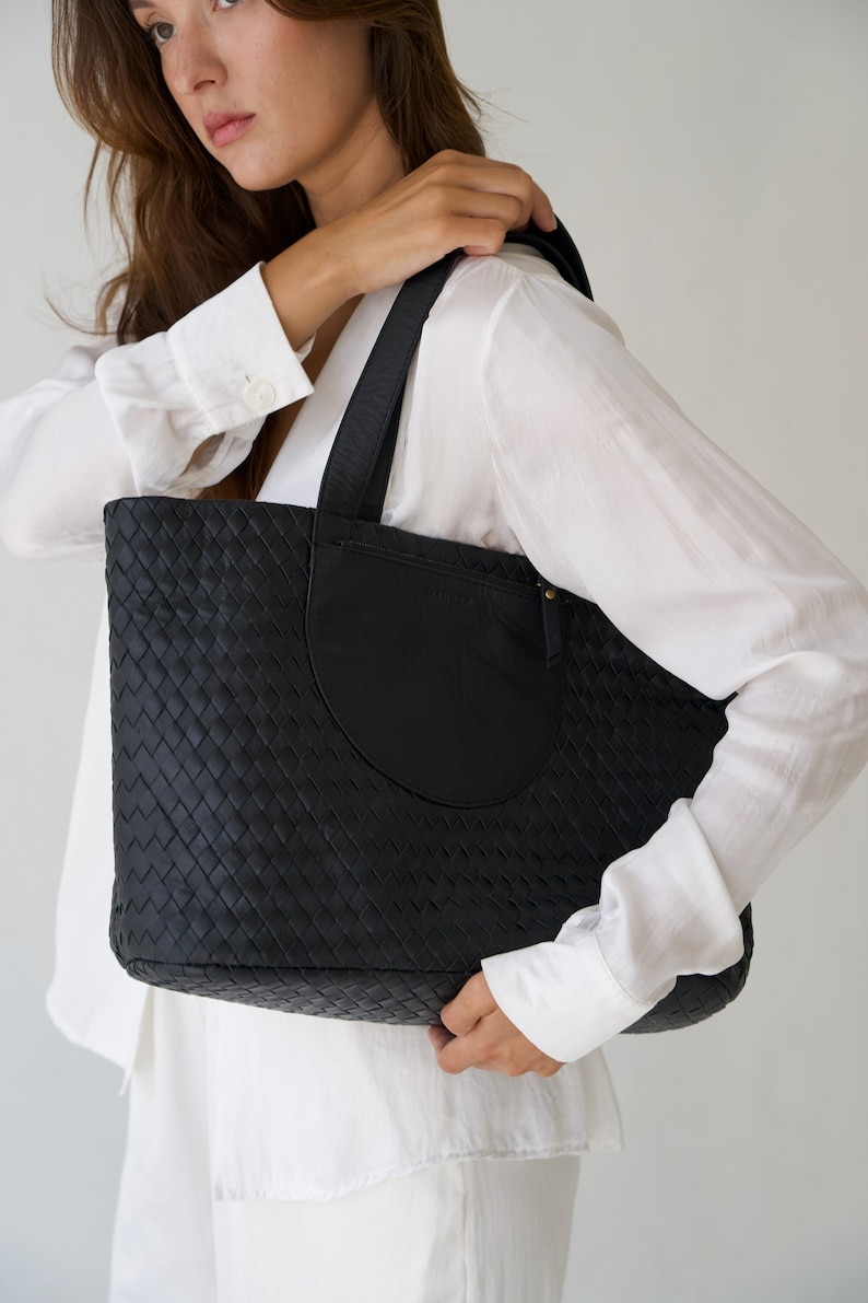 Black Genuine Leather Tote Bag, Minimal, Woven Leather, Handmade Totebag, Travel Bag, Work Bag image 1