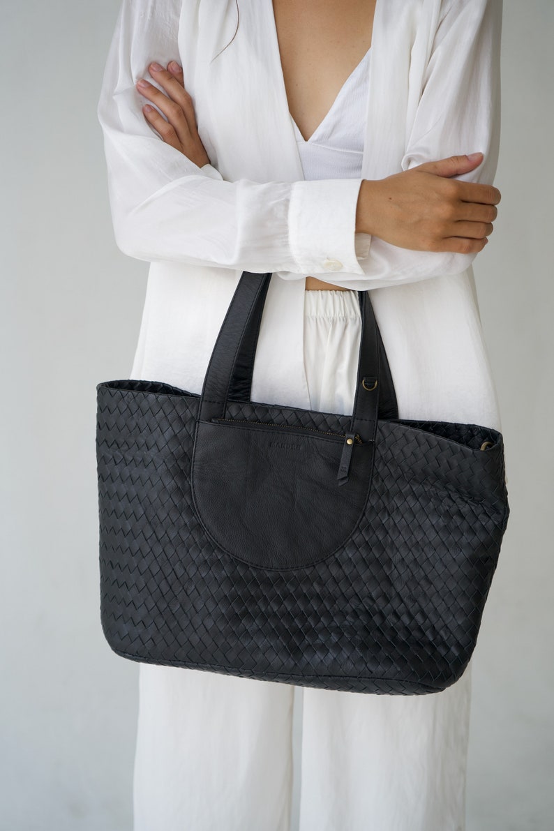 Black Genuine Leather Tote Bag, Minimal, Woven Leather, Handmade Totebag, Travel Bag, Work Bag image 2