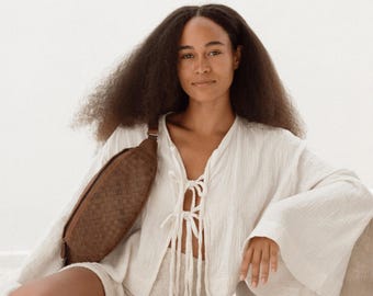 Saddle Dark Brown Woven Leather Fanny Pack – Genuine Leather Crossbody Belt Bag, Minimalist Waist Bag