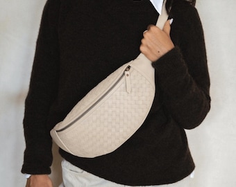 Bone Off-white Woven Leather Fanny Pack – Atlas Crossbody Belt Bag, Handmade Leather Waist Bag