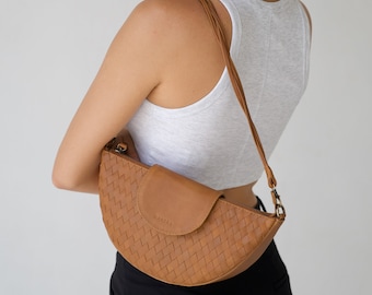 Tan Shoulder Bag, Genuine Leather, Woven Leather Purse, Minimal Leather Bag, Gifts for her, travel, handwoven