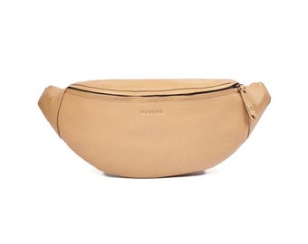 Beige Leather Crossbody Bag – Handmade Atlas Fanny Pack, Minimalist Belt Bag