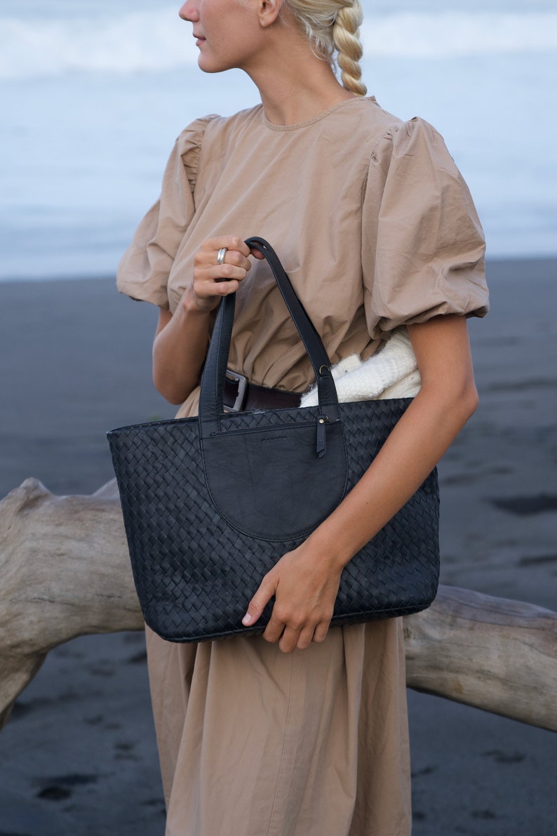 Black Genuine Leather Tote Bag, Minimal, Woven Leather, Handmade Totebag, Travel Bag, Work Bag image 8