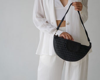 Black Shoulder Bag, Genuine Leather, Woven Leather Purse, Minimal Leather Bag, Gifts for her, travel, handwoven