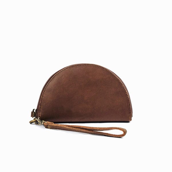 Saddle Dark Leather Half Moon Wallet – Minimalist Zip Coin Purse, Wristlet Card Holder