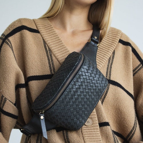 Black Woven Leather Belt Bag Genuine Leather Fanny Pack Etsy