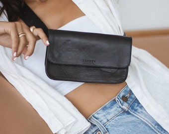 Black Leather Belt Bag, Genuine Leather Fanny Pack, Adjustable Crossbody Bag, Leather Bum Bag, , Gifts for her,  Minimalist Fanny Pack