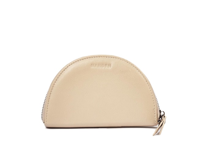 Bone White Leather Half Moon Wallet – Minimalist Zip Coin Pouch, Genuine Leather Card Holder