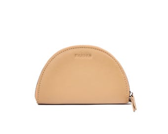 Sand Leather Half Moon Wallet – Minimalist Zip Coin Purse, Wristlet Card Holder, Small Wallet