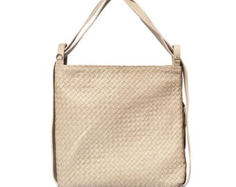 Bone Woven Leather Tote Backpack – Convertible Work Bag, Travel Backpack Purse, Minimalist Mom Bag