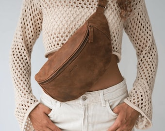 Brown Saddle Light Leather Fanny Pack – Atlas Crossbody Belt Bag, Handmade Minimalist Leather Waist Bag