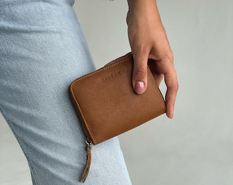 Hellbraune Brieftasche aus echtem Leder, Brieftasche aus Leder mit Reißverschluss, minimalistische lederne Brieftasche, Frauen-Brieftasche, Geschenke für sie, Feiertagsgeschenkideen