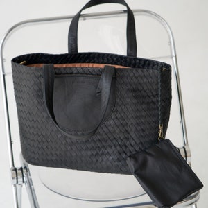 Black Genuine Leather Tote Bag, Minimal, Woven Leather, Handmade Totebag, Travel Bag, Work Bag image 4