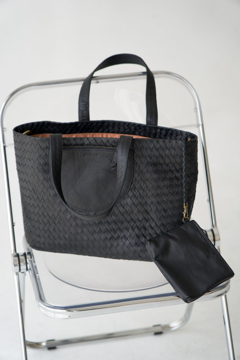 Black Genuine Leather Tote Bag, Minimal, Woven Leather, Handmade Totebag, Travel Bag, Work Bag image 4