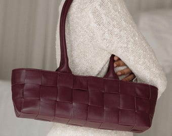 Burgundy Woven Leather Shoulder Bag – East West Purse, Minimalist Leather Handbag