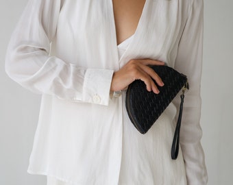 Cartera minimalista de cuero genuino tejido, billetera con forma de media luna, monedero de cuero, billetera de cuero tipo pulsera, billetera para mujer, billetera de viaje